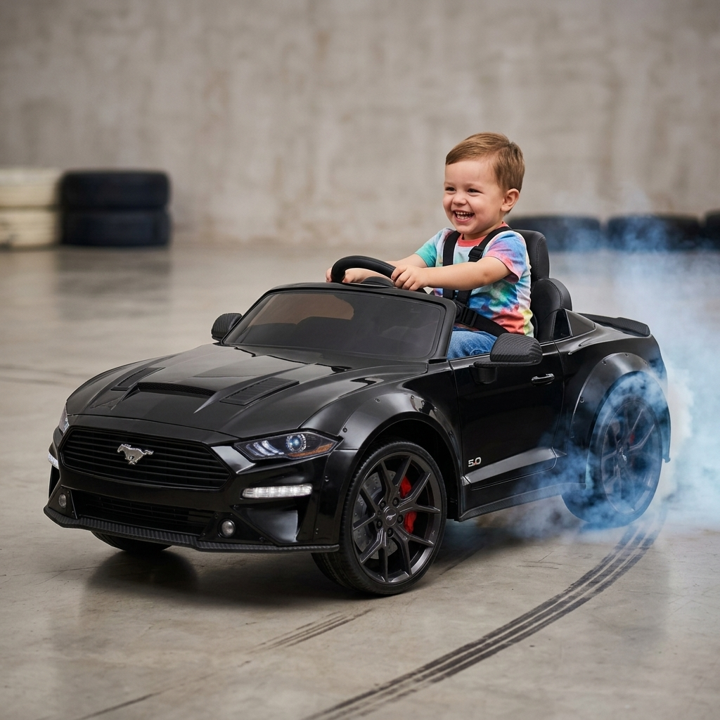 Drift-Edition: Elektro Kinderauto Ford Mustang lizenziert - 24V, Leder, 2.4Ghz Fernsteuerung - Schwarz